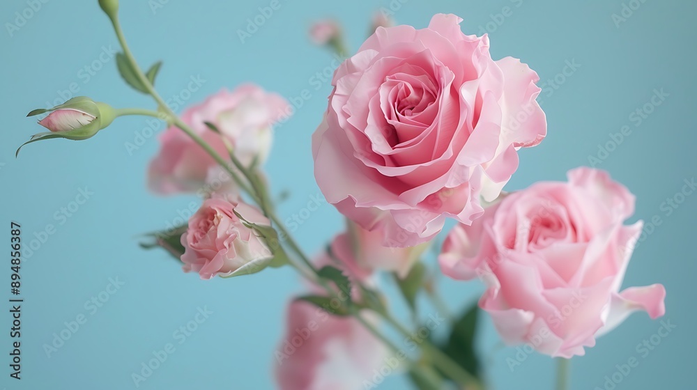 Fototapeta premium Pink rose and eustoma flowers isolated on a blue background