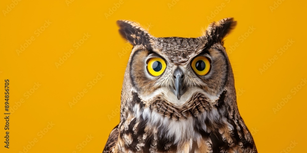 Obraz premium Surprised Owl Portrait on Vibrant Yellow: Creative Animal Studio Featuring a Wide-Eyed Owl's Expressive Face, Capturing Curiosity and Wonder in Striking Detail Against a Bold, Attention-Grabbing Backd