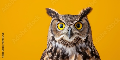 Surprised Owl Portrait on Vibrant Yellow: Creative Animal Studio Featuring a Wide-Eyed Owl's Expressive Face, Capturing Curiosity and Wonder in Striking Detail Against a Bold, Attention-Grabbing Backd © Da