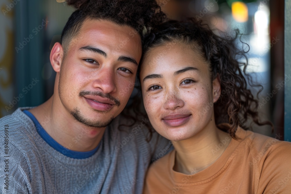 Fototapeta premium Portrait of a joyful mixed race couple in their 20s looking at the camera