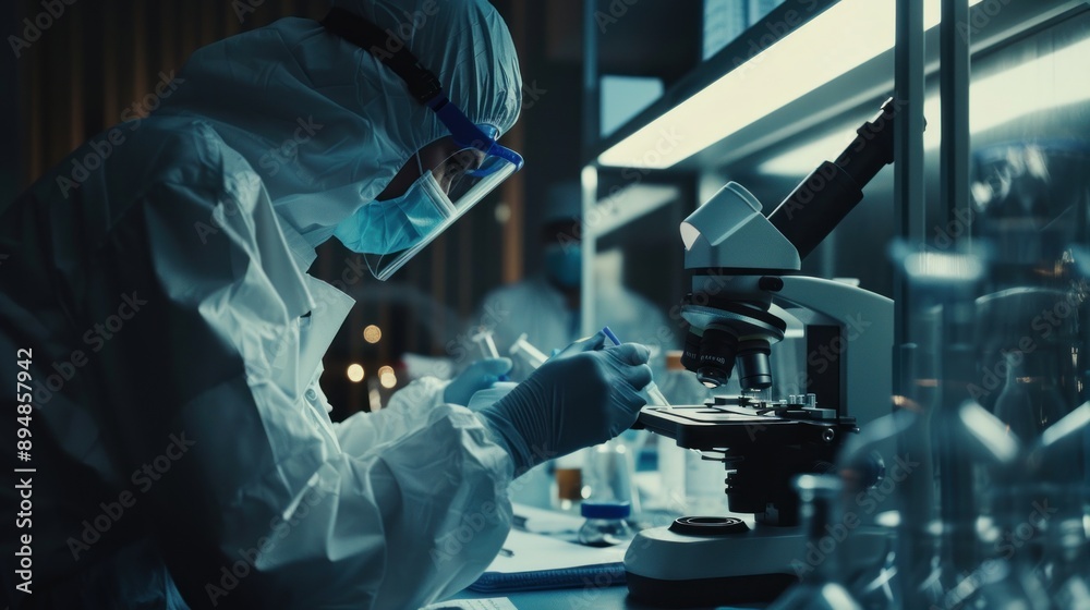 Scientist in Lab Coat Working with Microscope Scientist in Lab Coat Working with Microscope
