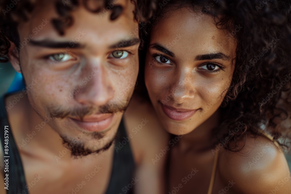 Portrait of a joyful mixed race couple in their 20s looking at the camera Portrait of a joyful mixed race couple in their 20s looking at the camera