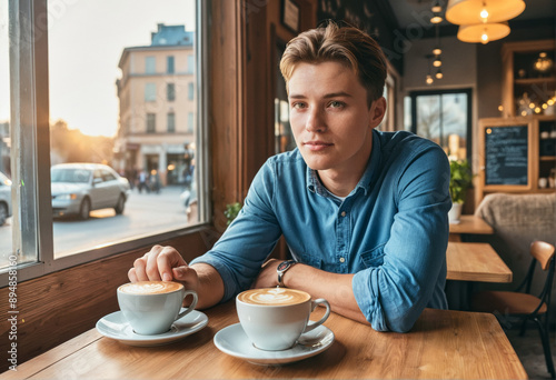 A photo of a person in a beautiful coffeeshop cafe, enjoying a cup of coffee