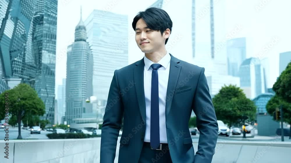 Handsome young Asian Japanese businessman in elegant suit walking outdoors. Copy space, confident corporate Chinese CEO executive boss on city street, successful Vietnamese or Korean entrepreneur Handsome young Asian Japanese businessman in elegant suit walking outdoors. Copy space, confident corporate Chinese CEO executive boss on city street, successful Vietnamese or Korean entrepreneur