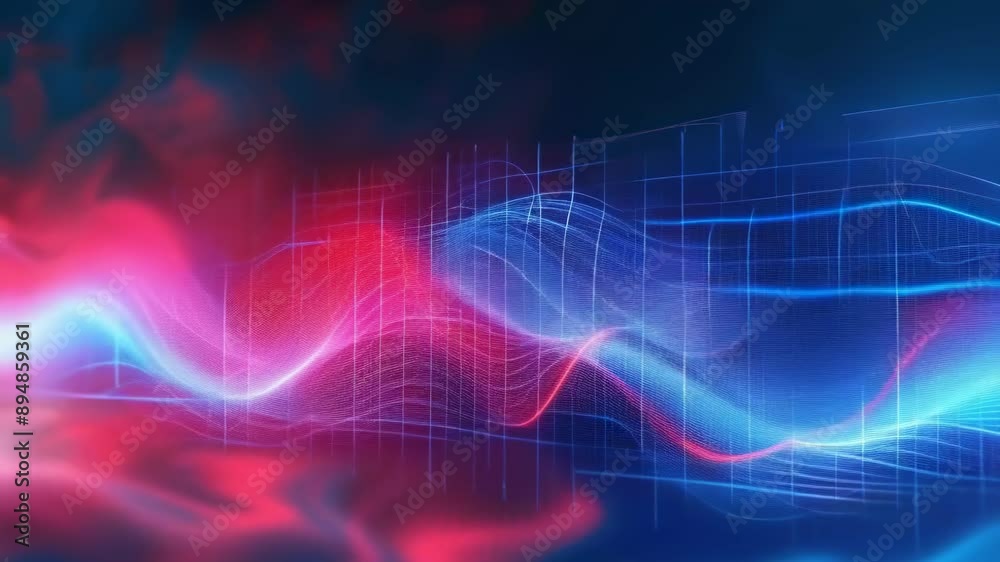 An abstract digital artwork depicting sound waves with vibrant red and blue light effects, set against a dark background. The image captures dynamic, flowing lines to represent audio frequency An abstract digital artwork depicting sound waves with vibrant red and blue light effects, set against a dark background. The image captures dynamic, flowing lines to represent audio frequency