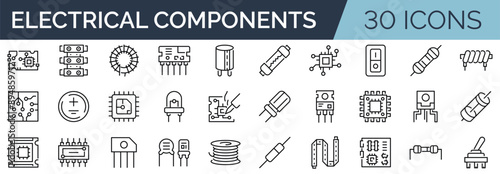 Set of 30 outline icons related to electrical components. Linear icon collection. Editable stroke. Vector illustration