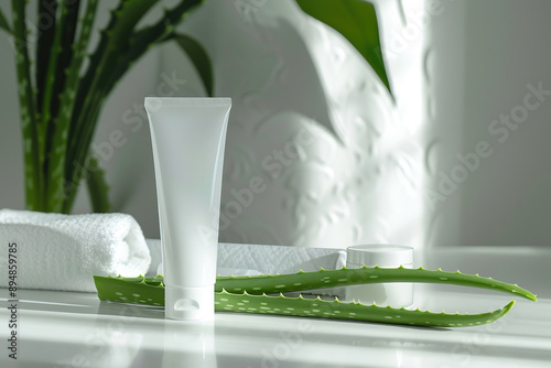 Aloe vera skincare tube with fresh aloe leaf and white towels photo