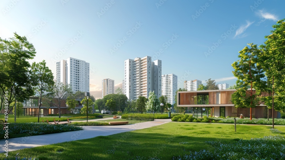 Generate a photo realistic image of urban buildings constructed with eco-friendly materials like bamboo and recycled steel; ensure the image is of high resolution for clear and detailed quality. Generate a photo realistic image of urban buildings constructed with eco-friendly materials like bamboo and recycled steel; ensure the image is of high resolution for clear and detailed quality.