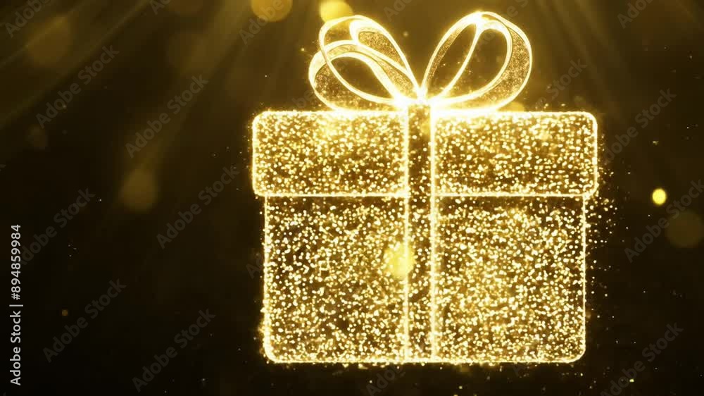 Sparlking golden present shining brightly against dark background. Animated shiny gold gift box appears on dark for luxury event visuals, elegant celebrations, event promotions, seasonal offers, sales