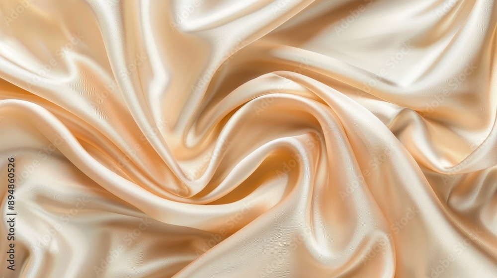 Fototapeta premium Tender peach beige silk satin fabric with soft drapery and luxury folds.