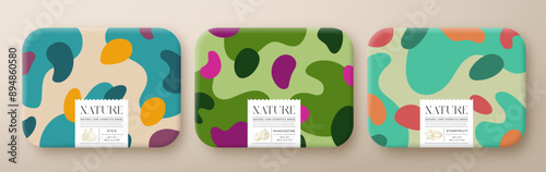 Fruit Bath Cosmetics Package Boxes Set. Vector Wrapped Paper Containers with Care Label Design. Modern Typography and Hand Drawn Figs, Kumquat. Abstract Camo Background Pattern Layout Isolated