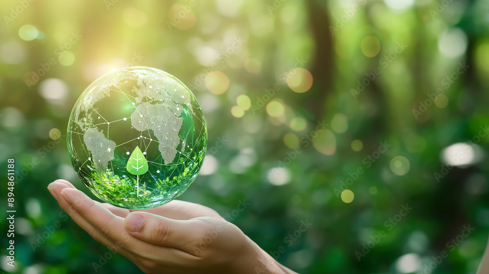 Holding hands with a glass globe in the green forest. Earth day concept. Save the world. Save the environment. Earth is in the grass with green bokeh background. Holding hands with a glass globe in the green forest. Earth day concept. Save the world. Save the environment. Earth is in the grass with green bokeh background.