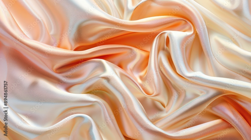 Tender peach beige silk satin fabric with soft folds and color gradient. Tender peach beige silk satin fabric with soft folds and color gradient.