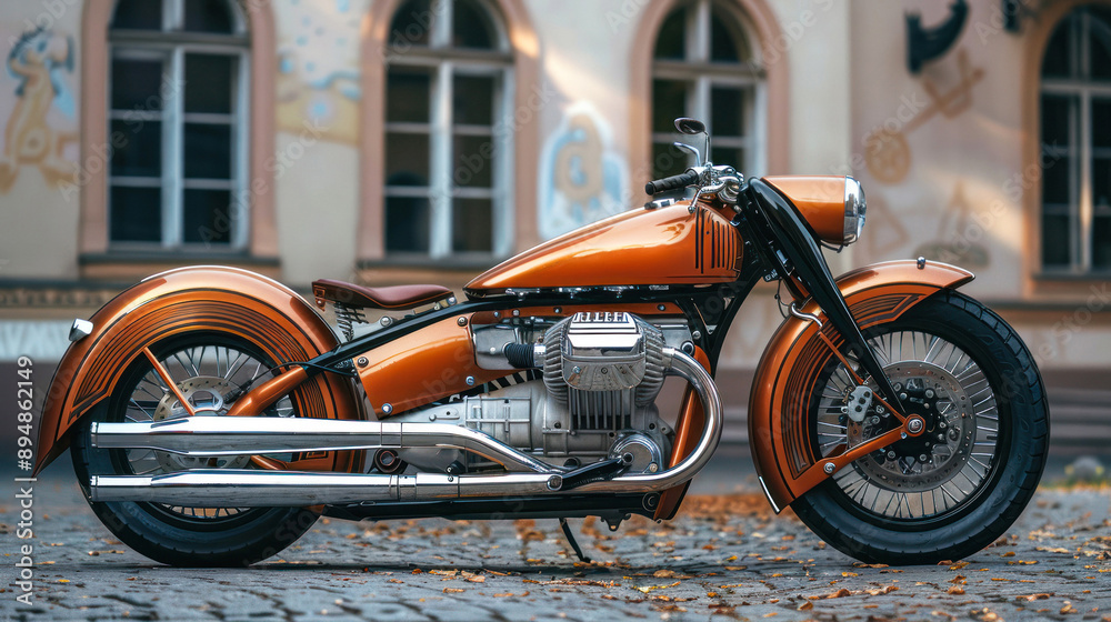 Fototapeta premium Vintage motorcycle parked on cobblestone street