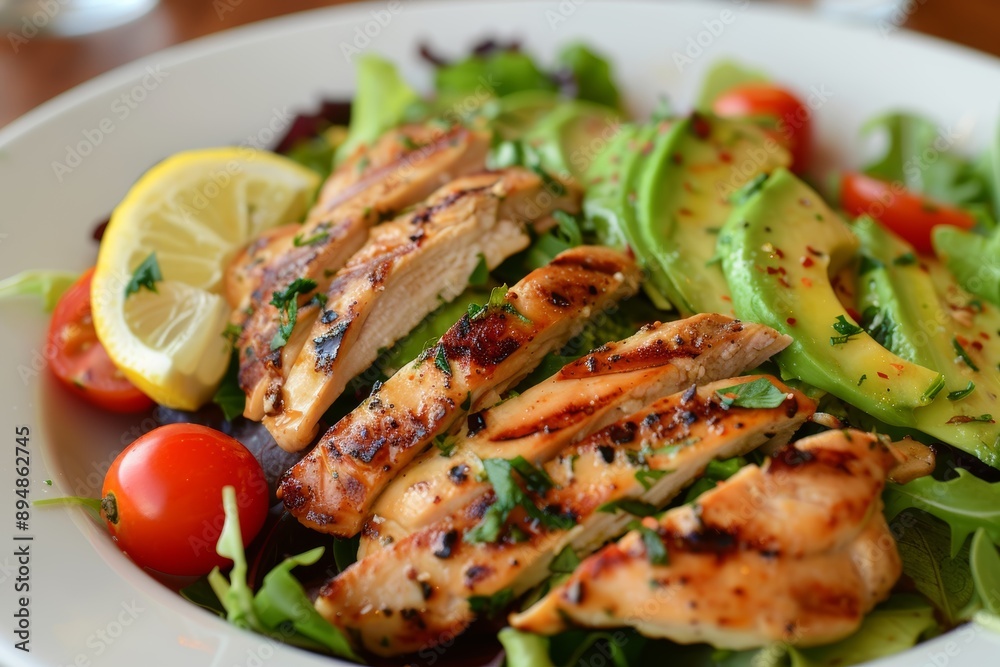 Grilled Chicken and Avocado Salad with Cherry Tomatoes and Lemon Dressing for A Healthy Lunch Grilled Chicken and Avocado Salad with Cherry Tomatoes and Lemon Dressing for A Healthy Lunch