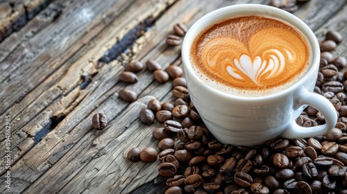 Warm coffee latte with heart shape and coffee beans spread on old wooden table. photo