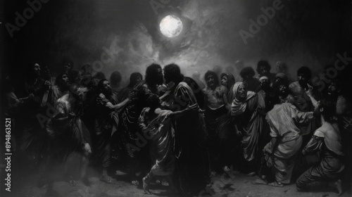 crowd of men surround Jesus, who is being apprehended in a dimly lit scene. The moon shines brightly above them, casting an eerie glow.