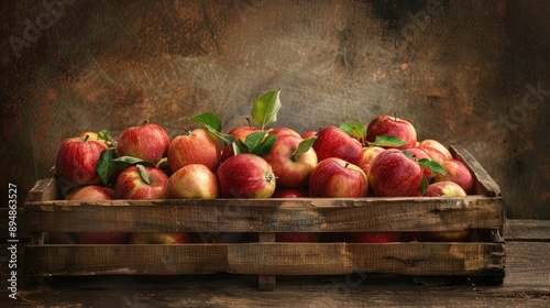 A wooden crate filled with freshly picked apples, with a rustic background.