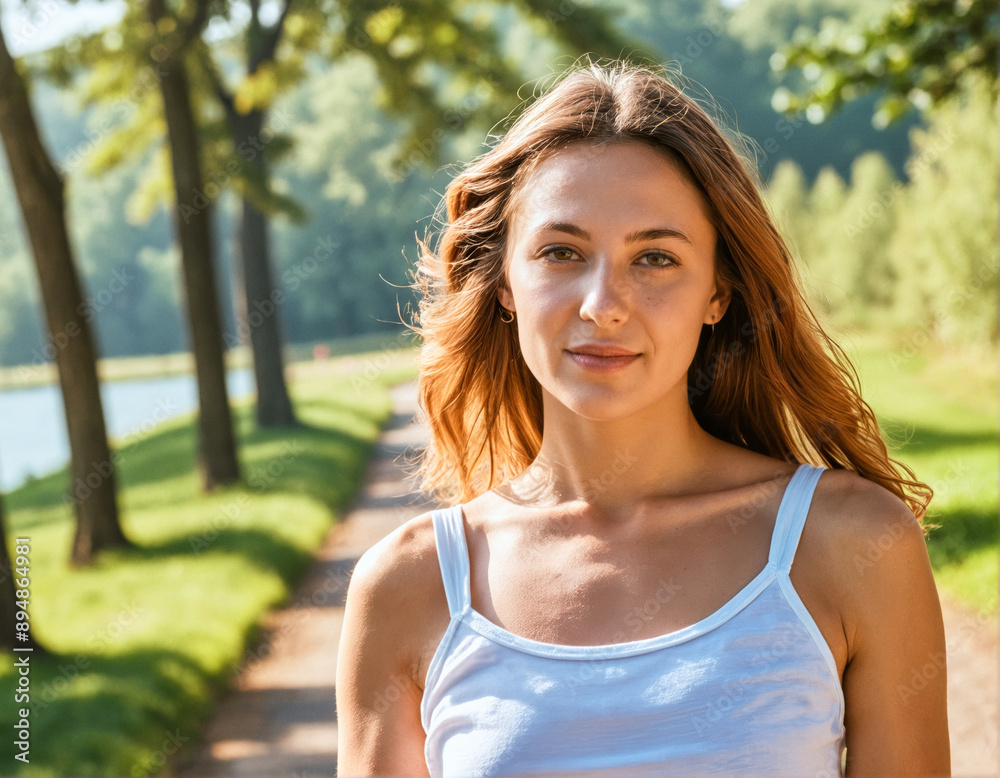A photo of a person on a walk in a beautiful summer park 