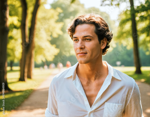 A photo of a person on a walk in a beautiful summer park 