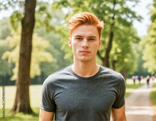 A photo of a person on a walk in a beautiful summer park 