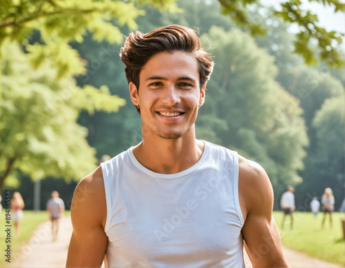 A photo of a person on a walk in a beautiful summer park 