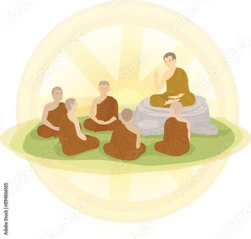 Cartoon : Day before the Buddhist Lent (Asalha Puja Day) and Wheel of life  (Dharmachakra ; Wheel of Dhamma) on white background. Vector Illustration