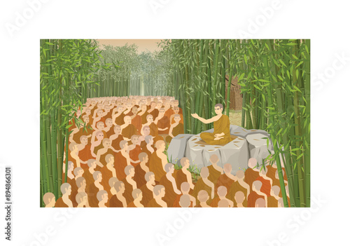 Vector Illustration Cartoon: Makha Bucha Day is an important day for Buddhists The date The monks come meeting to pay homage to Lord Buddha in house of priest sanctuary Weluwan Temple bamboo forest.