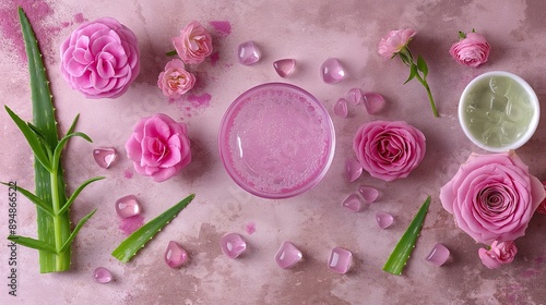Aloe vera gel, rose water, vitamin E, face mask ingredients, still life, skin care