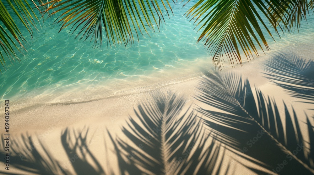 Fototapeta premium background with palm leaves shadows on sand and water, with a sunlight effect