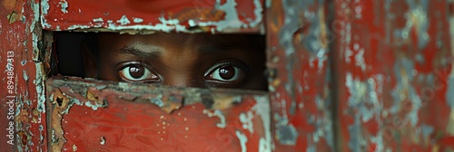 A young woman is staring through the door.