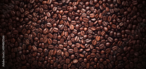 Fotorrealista de alta resolución de fondo de granos de café, vista superior, color marrón oscuro, iluminación natural detallada y fina, ultra alta definición