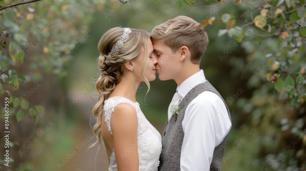 Fototapeta premium Newlywed Same Gender Couple s First Intimate Kiss in Romantic Outdoor Garden Setting