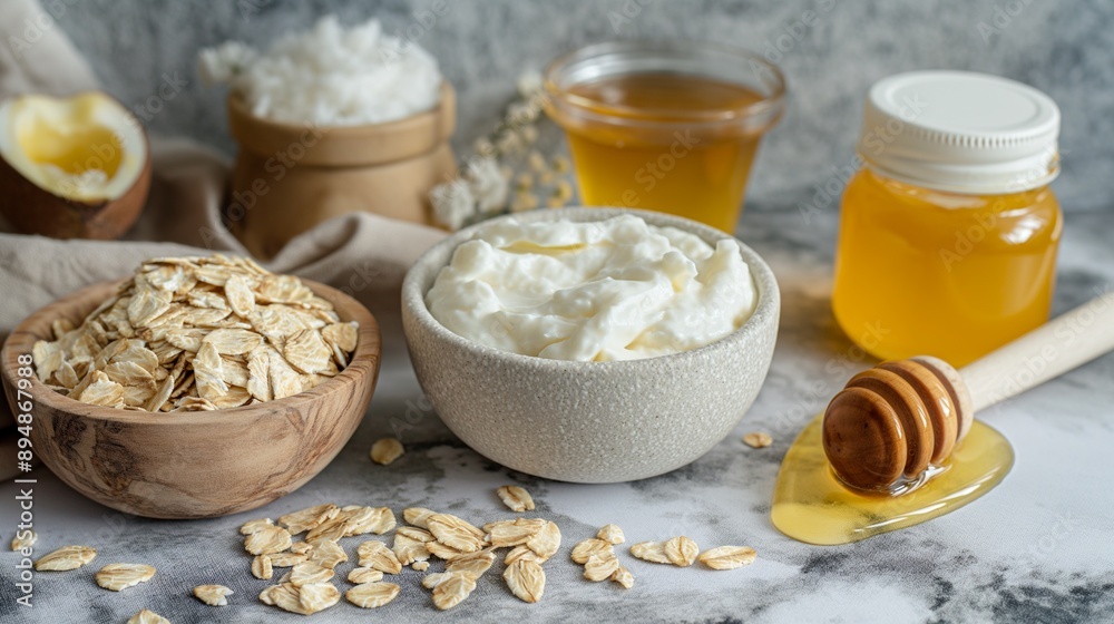 Fototapeta premium Oats, honey, yogurt, face scrub ingredients, still life, skin care