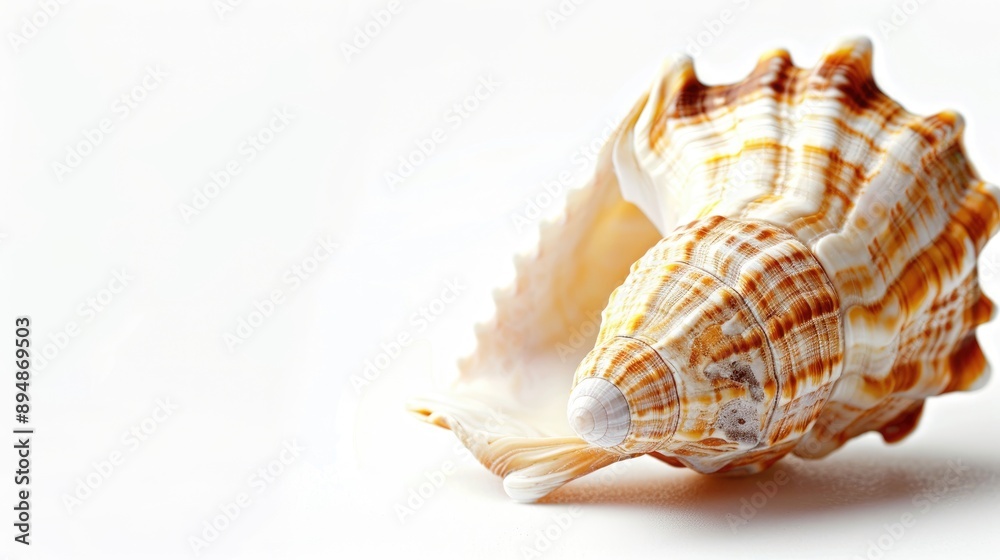 Close up of seashell on white background with space for text Close up of seashell on white background with space for text