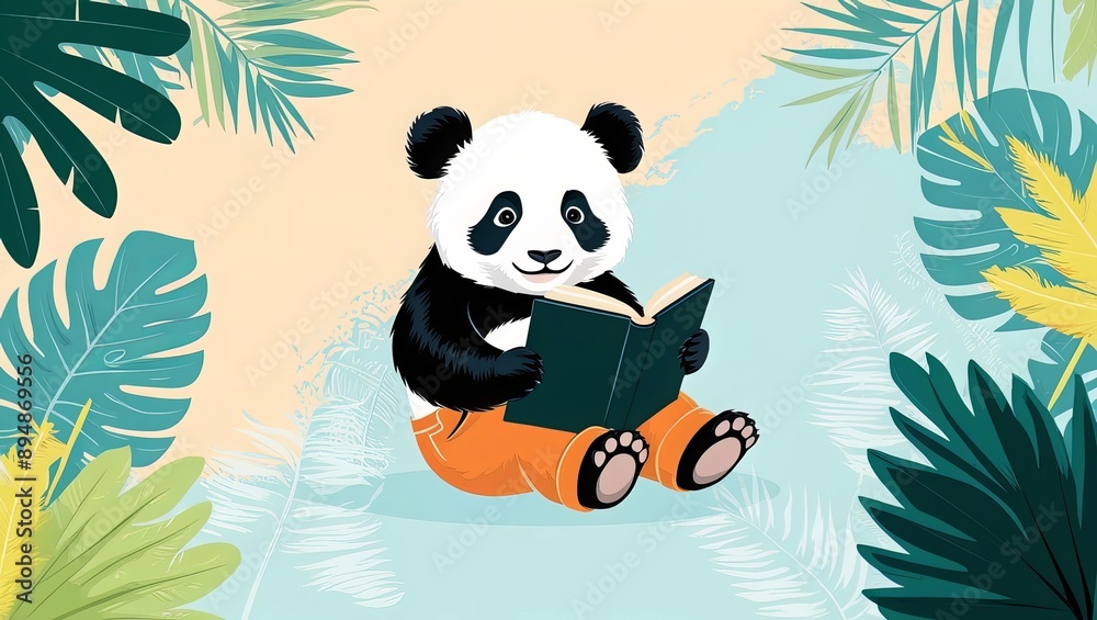 Naklejka premium Unique digital illustration of panda is reading a book