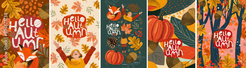 Hello, autumn. Vector cute illustration of nature, frame, pattern, forest, leaves, leaf, pumpkin, acorn, girl, fox, maple leaf for background, greeting card, invitation, poster or background