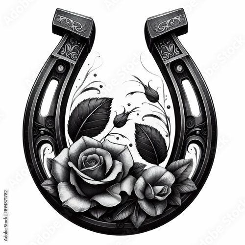 horseshoe with roses tattoo design illustration
