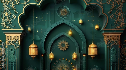 Wallpaper Mural islamic event background with lantern ornament design in green color and text spacing Torontodigital.ca