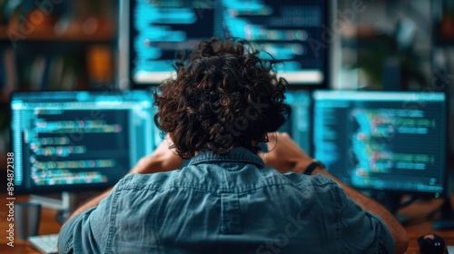 A rear view of a developer working on code across multiple screens, representing a busy work environment focused on software development and programming tasks.