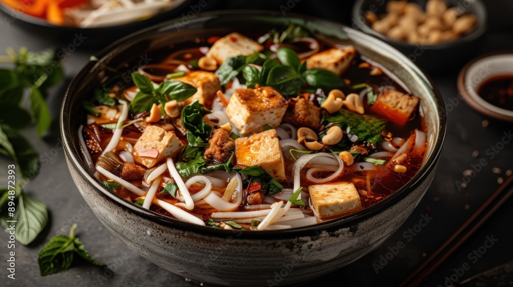 A sumptuous, hearty noodle bowl filled with tofu cubes, fresh greens, and peanuts, bringing together an explosion of Asian flavors and textures in one delightful dish.