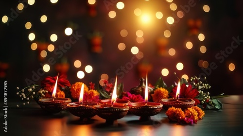 A diwali candle beautifully arranged in an indian aesthetic setting with bokeh lights creating a soft background highlighting festive ambiance, diwali, candlelight photo