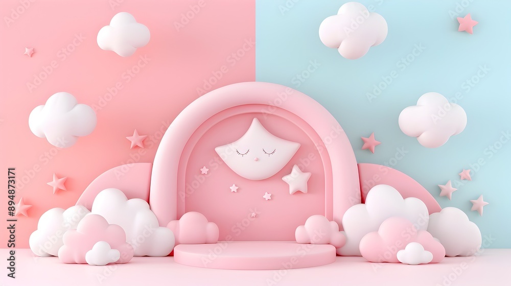 Dreamy 3D Pastel Podium Background with Clouds and Stars in Pink and Mint Tones Dreamy 3D Pastel Podium Background with Clouds and Stars in Pink and Mint Tones