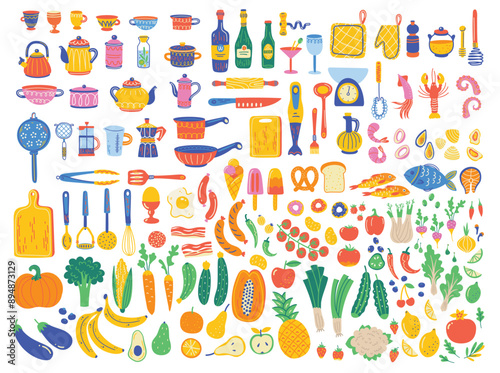 Food set with kitchen utensil and appliance, fruit and vegetables. Illustration of kitchen elements in flat style. Funny cartoon vector clipart.