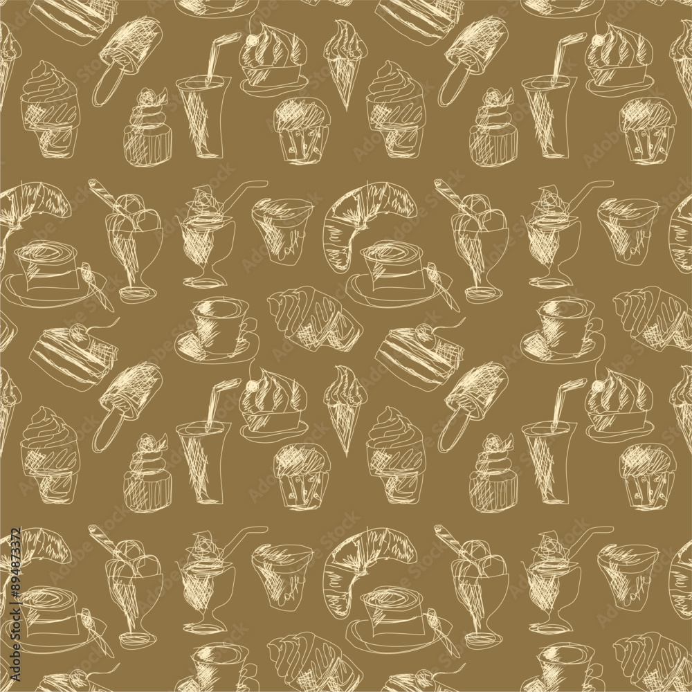 Seamless pattern with drinks an desserts art print for textile, paper, wallpaper decor design food kitchen cafe restaurants Seamless pattern with drinks an desserts art print for textile, paper, wallpaper decor design food kitchen cafe restaurants