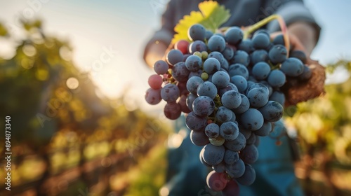 A close-up of a hand holding a bunch of grapes with a vibrant vineyard in the background highlights the intricate details and the lush environment of grape farming. photo