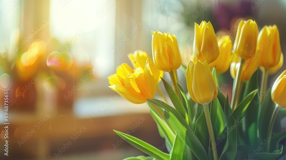 Naklejka premium Yellow tulips close up on kitchen background with spring vibe aura and space for copying