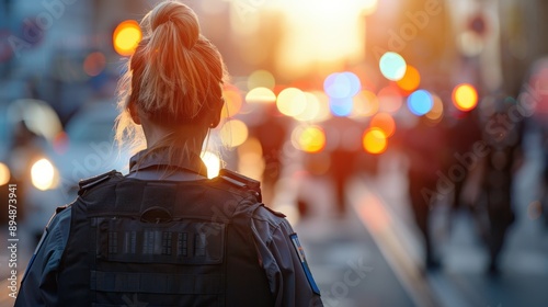 An urban street scene featuring a uniformed individual standing vigil with a backdrop of colorful, blurred traffic lights, signifying alertness and responsibility in a vibrant city.