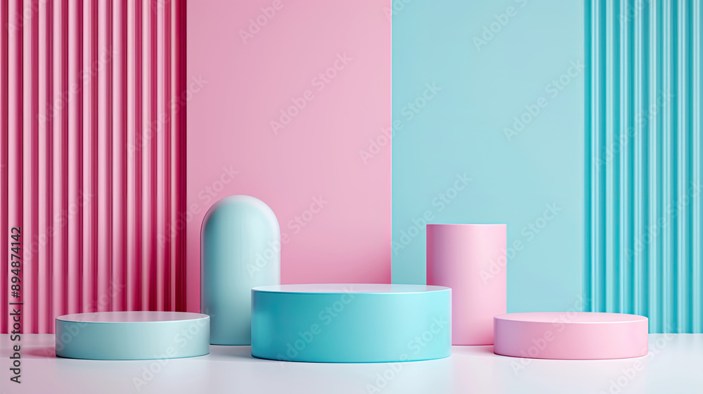 Colorful geometric shapes displayed against a pastel background, ideal for modern design and creative projects. Colorful geometric shapes displayed against a pastel background, ideal for modern design and creative projects.