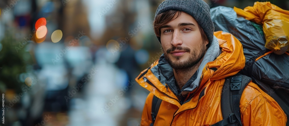 Young Man Wearing an Orange Jacket with a Backpack in the City Young Man Wearing an Orange Jacket with a Backpack in the City
